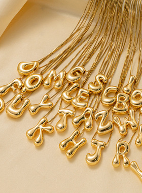 跨境钛钢18k真金光面气球泡泡胖乎乎可爱Q版26个英文字母吊坠项链