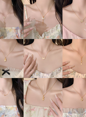 新款蝴蝶流苏珍珠项链女百搭高级感枫叶锁骨链时尚钛钢雪花小吊坠