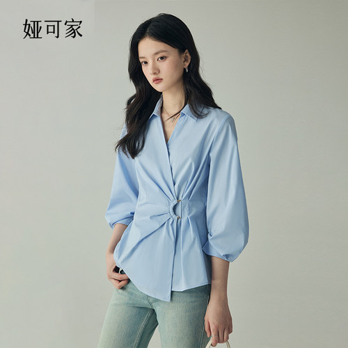 法式掐腰蓝色短袖衬衫女收腰上衣