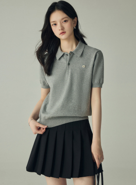 「娅可家」学院印象 灰色POLO领短袖针织衫女夏季基础款翻领上衣