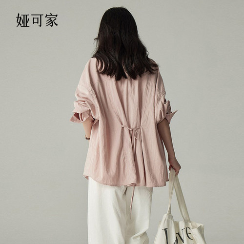 娅可家后绑带翻领休闲长袖衬衫女