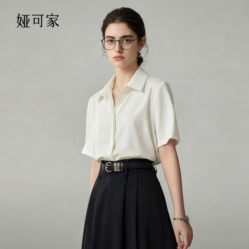 娅可家白色暗门襟缎面短袖衬衫女夏季垂感不易皱通勤职业面试衬衣