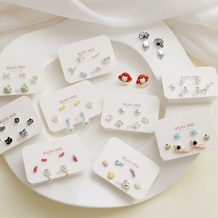 甜美可爱卡通猫咪耳钉一套女银针个性趣味搞怪耳环学生小众耳饰潮