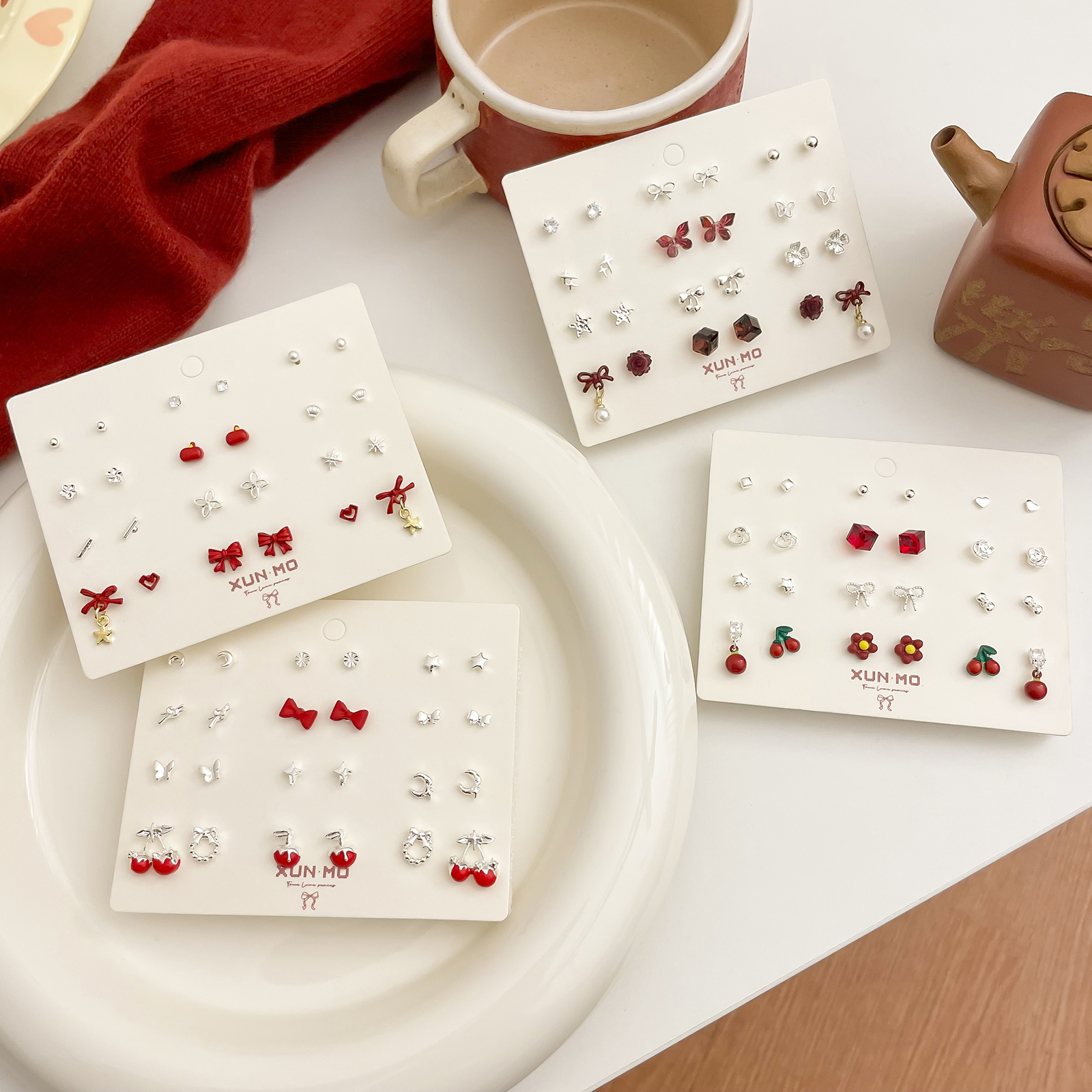 秋冬新款酒红色系耳钉套装