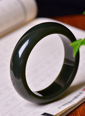 天然和田玉青玉少女宽条手镯正宗新疆玉石扁条玉镯子简约妈妈手饰