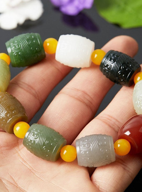 精雕仿古路路通桶珠天然和田玉