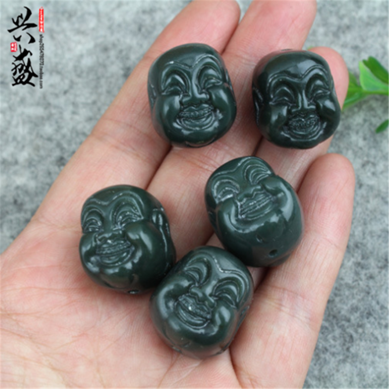 天然保真和田玉青玉双面雕刻弥勒佛头散珠 男女款DIY手串项链配件