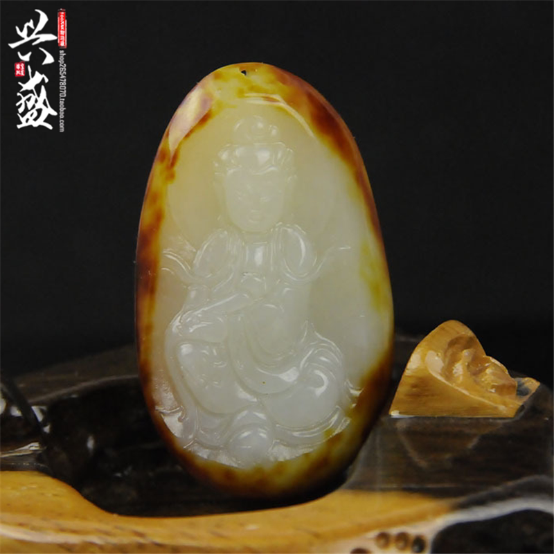 天然和田玉韩料青白色观音菩萨吊坠男款带红皮原石玉观音挂件项链