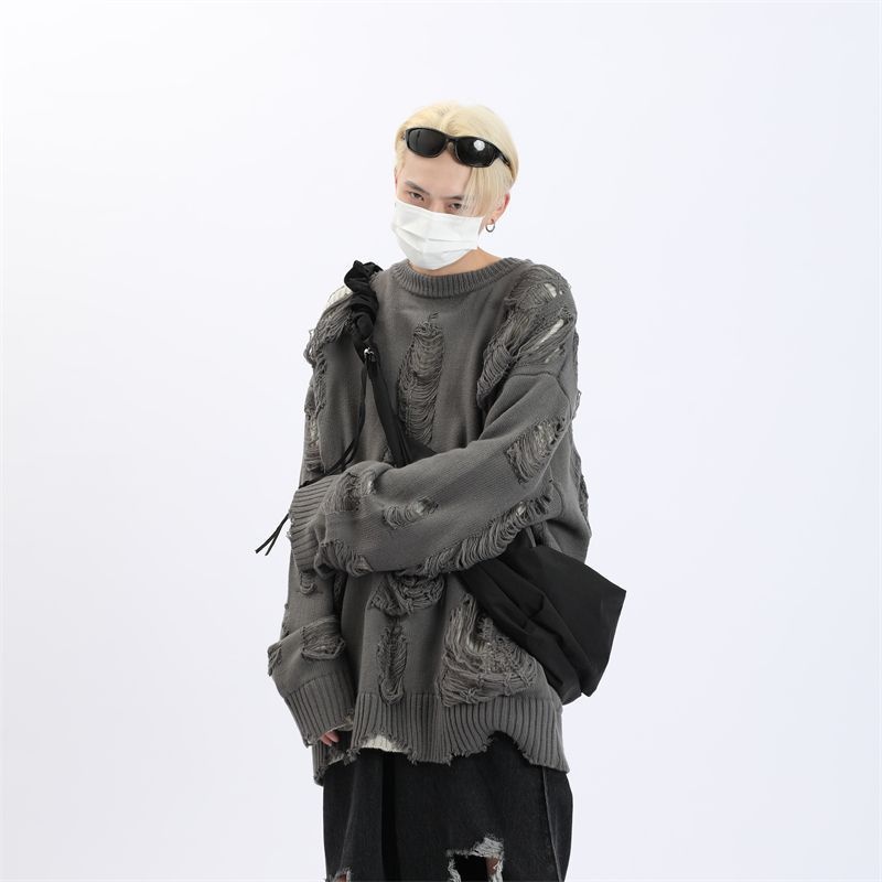 跨境欧美高街亚文化破洞镂空假两件穿针织衫男重工慵懒风外套毛衣