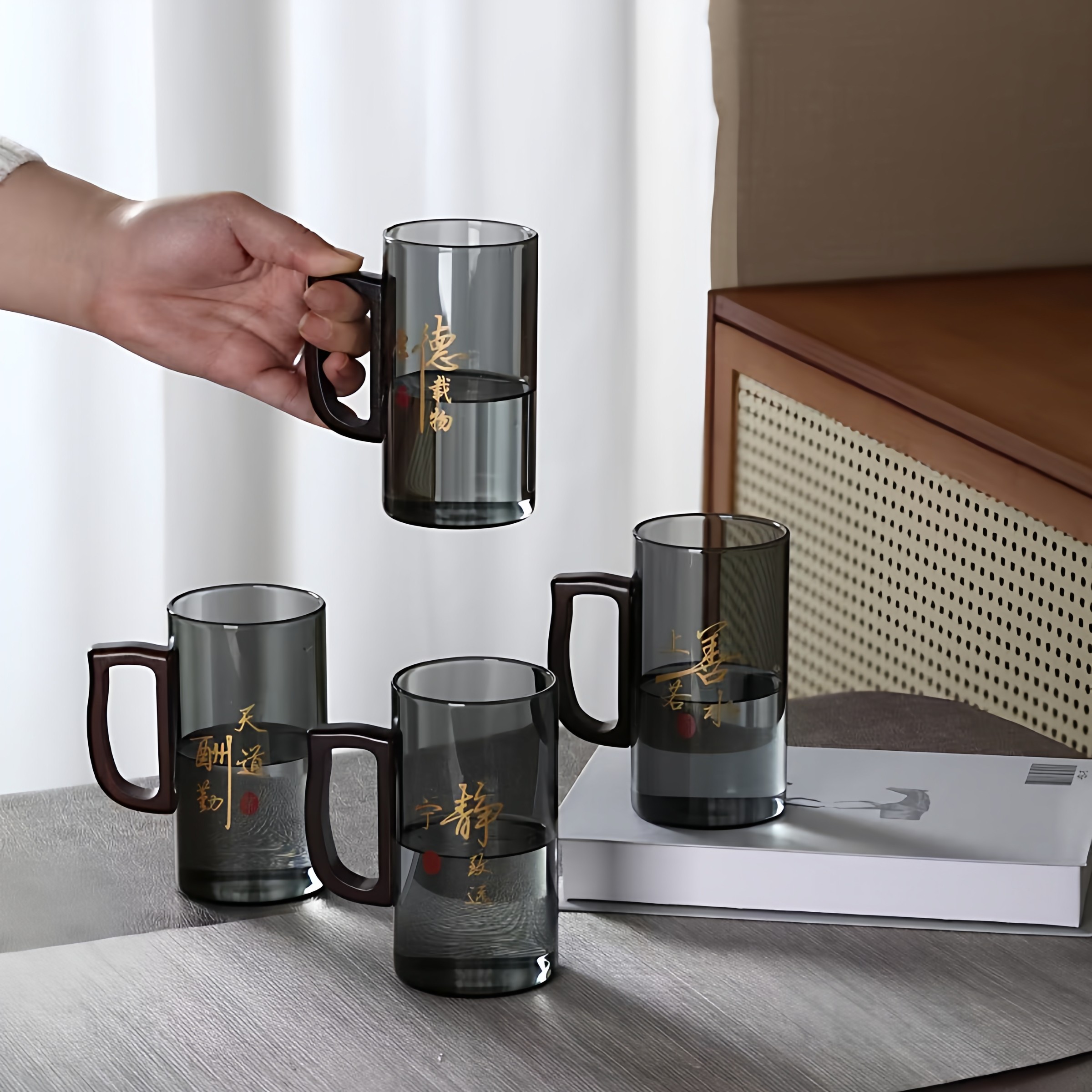 中式古风玻璃杯带把手水杯文字印花茶杯家用喝水杯子大容量茶杯,餐饮具,玻璃杯,淘宝优惠券,粉丝福利购,淘宝优惠卷