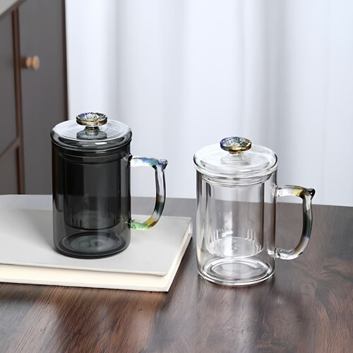 步慢堂玻璃茶水分离办公杯带盖把