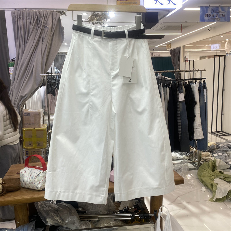 欧货2618春款高腰白色阔腿裤女百搭显瘦八分休闲裤配腰带极简风