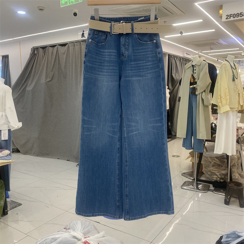 欧制3110春款高腰显瘦四面弹牛仔微喇裤女百搭拖地长裤蓝色阔腿裤