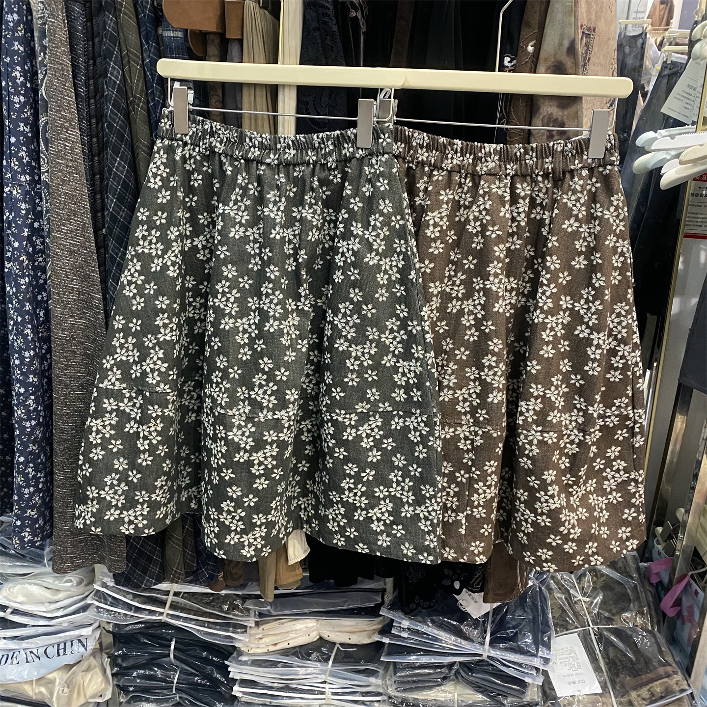 韩系碎花高腰蛋糕半身裙中长款