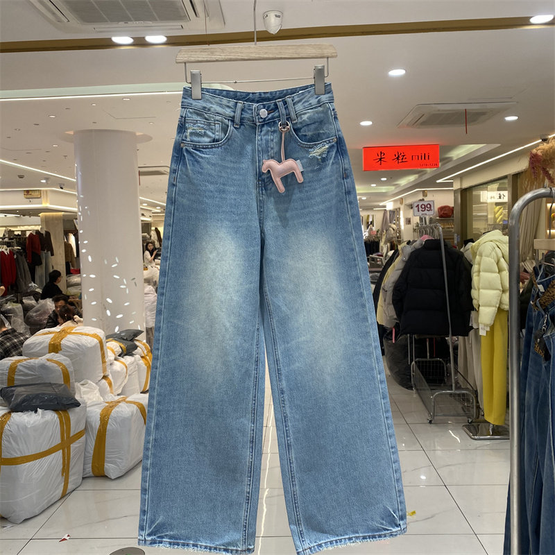 DMJ5351春款复古高腰阔腿牛仔裤女直筒显瘦百搭宽松长裤