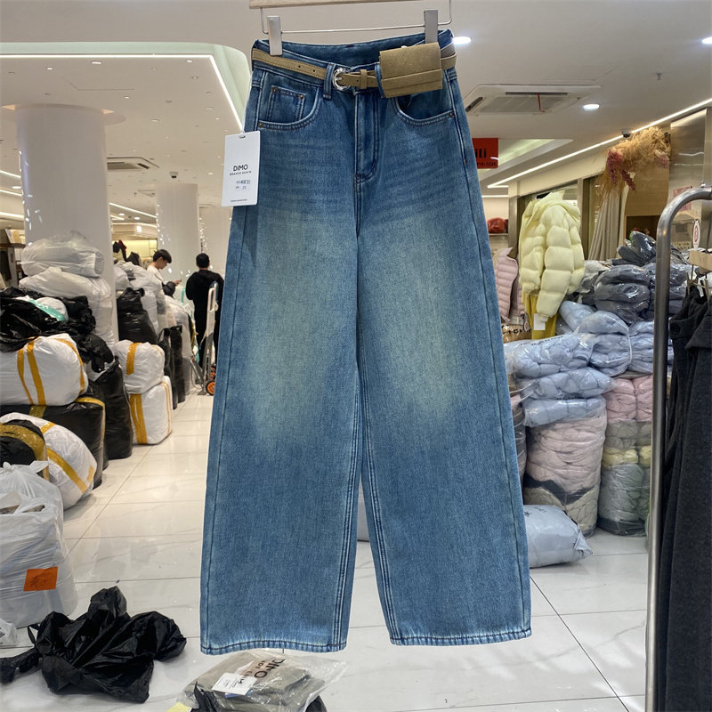 DMJ8653冬款复古高腰显瘦牛仔阔腿裤女宽松直筒长裤蓝色复合绒