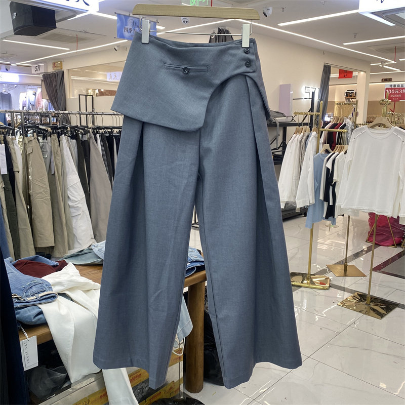 V-V7春款假两件阔腿裤女高腰显瘦百搭灰色西装裤休闲长裤26003