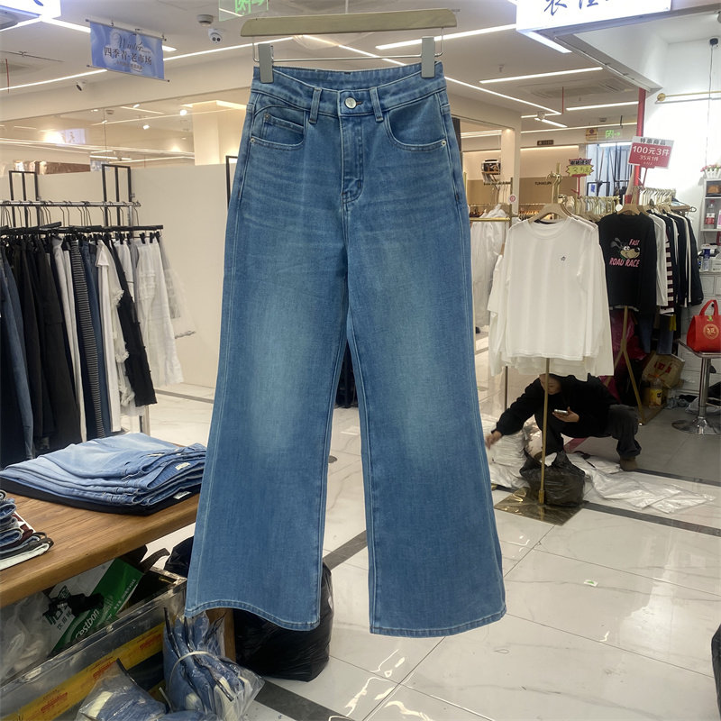 欧货7816贝斯高腰直筒微喇牛仔裤女九分显瘦四面弹蓝色直筒裤