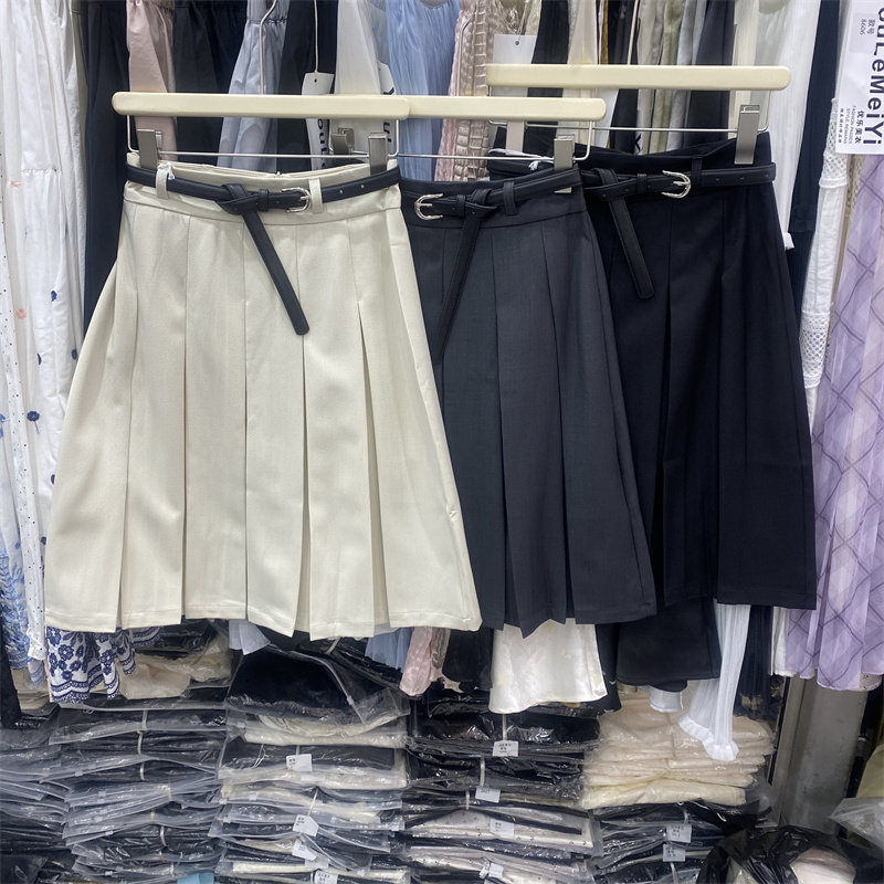YLMY7766春款韩版学院风高腰百褶半身裙女A字短裙腰带装饰防走光