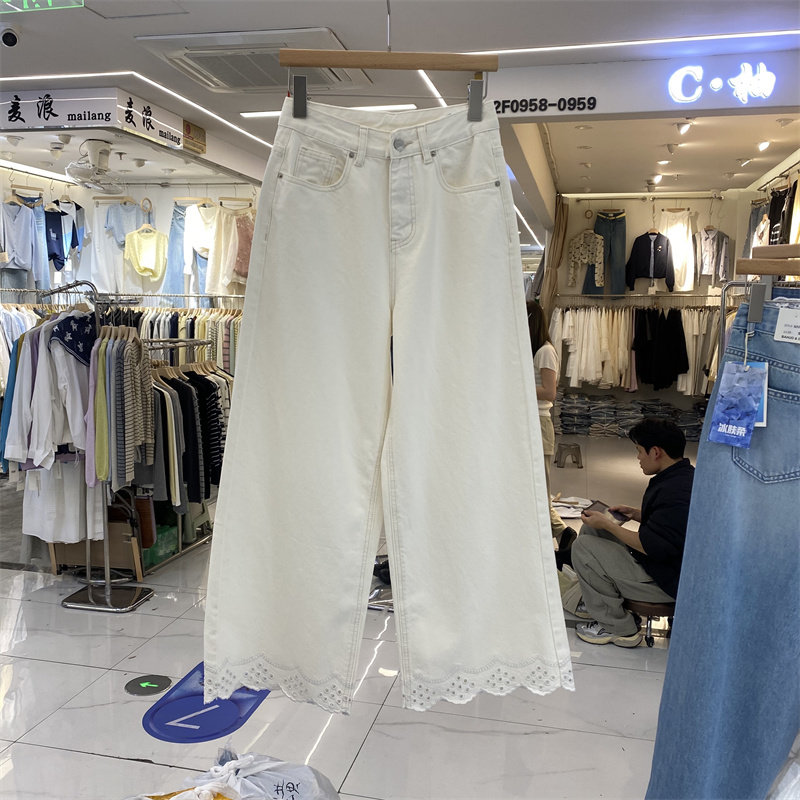 欧制61689春款白色高腰牛仔阔腿裤女宽松显瘦蕾丝花边阔腿九分裤