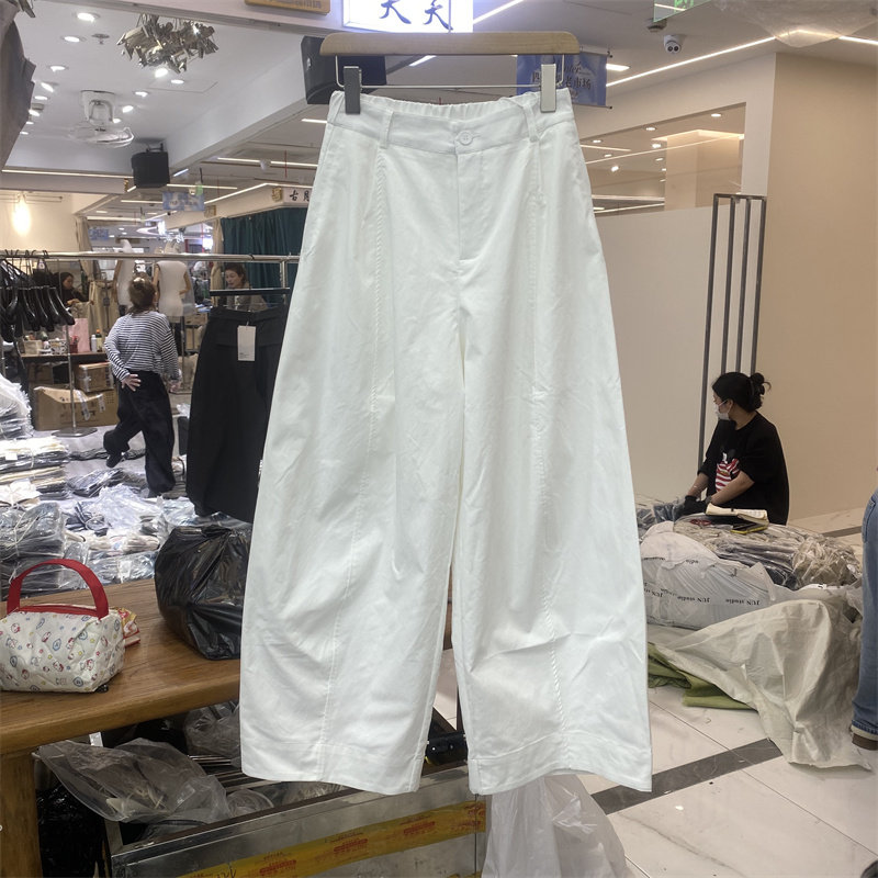 极简风春款2615半松紧高腰白色阔腿裤女九分裤宽松显瘦百搭休闲裤