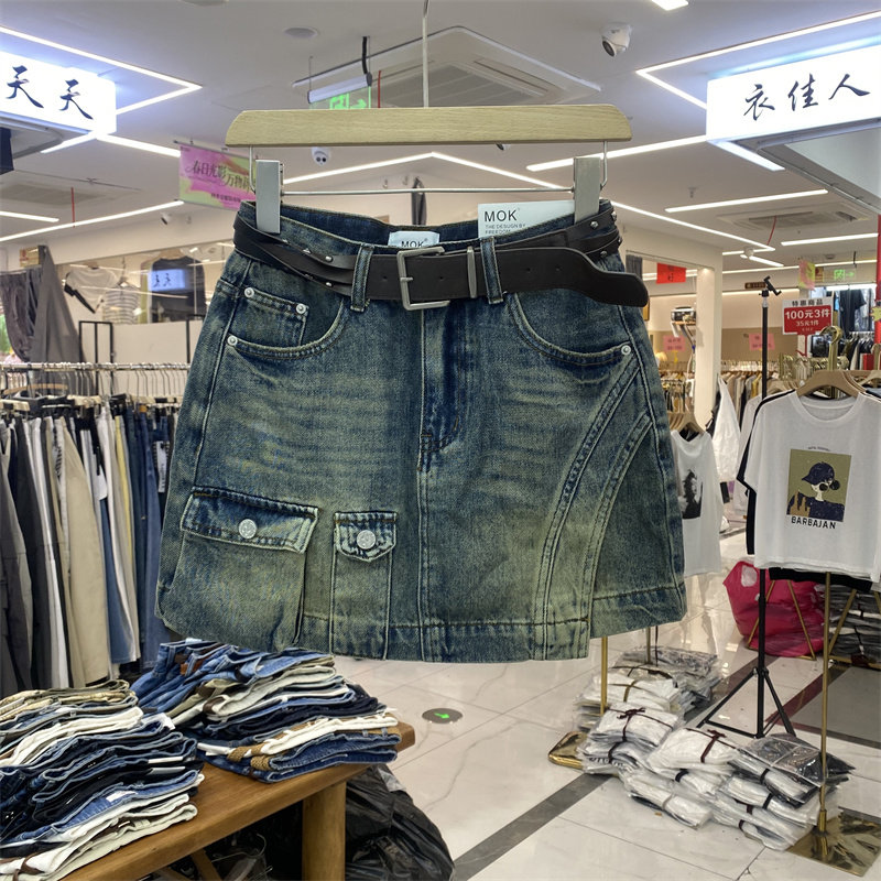 MOK6380新款工装风牛仔半身裙女夏A字短裙显瘦腰带装饰口袋半裙