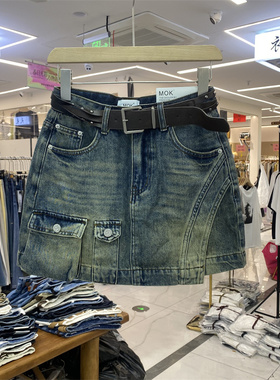 MOK6380新款工装风牛仔半身裙女夏A字短裙显瘦腰带装饰口袋半裙