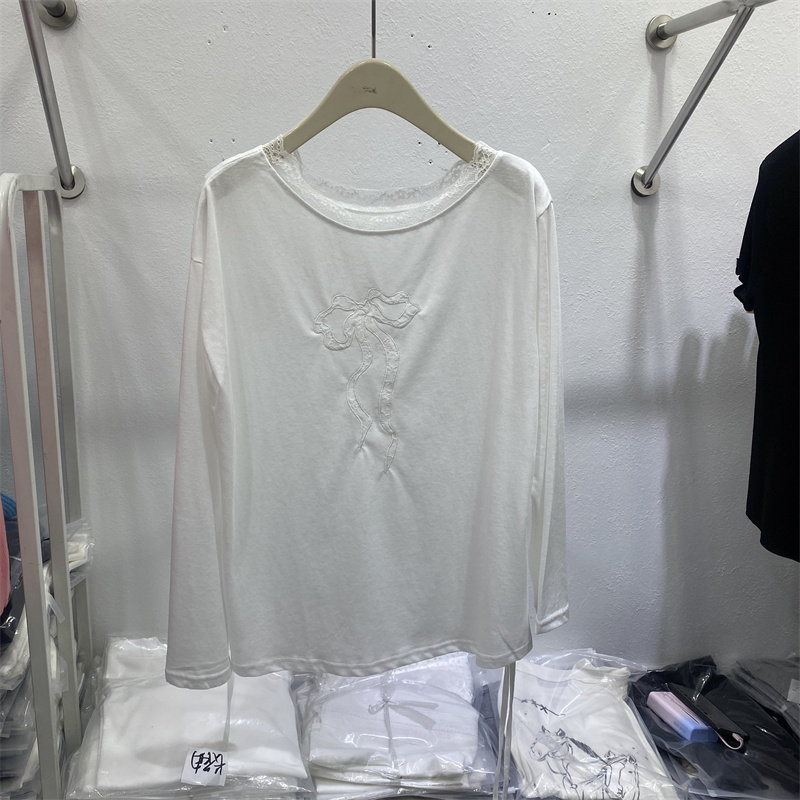 中式2026春款简约白色长袖T恤女薄款蕾丝拼接圆领百搭针织衫上衣