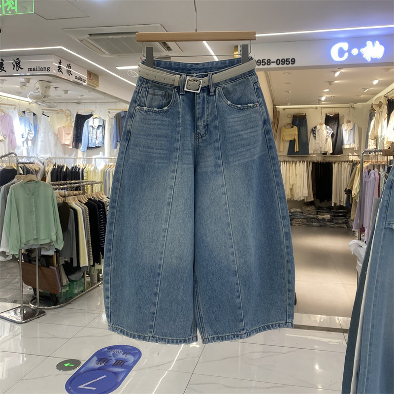 DMJ7292春款减龄洋气八分牛仔裤女高腰宽松直筒阔腿裤配腰带蓝色