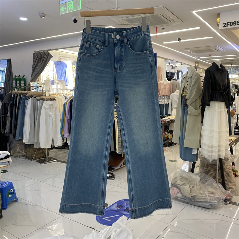 DMJ7287春季四面弹高腰显瘦直筒牛仔裤女九分百搭小个子蓝色长裤