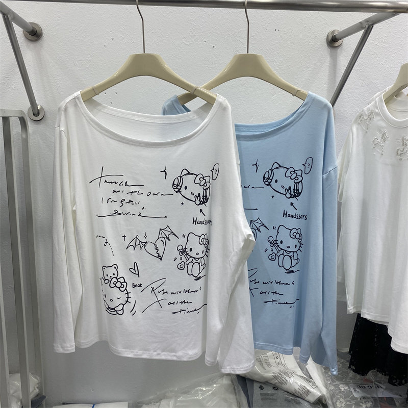 欧制2026春款卡通印花长袖T恤女宽松慵懒风斜肩防晒罩衫显瘦上衣