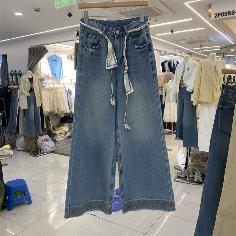欧制61697春款高腰显瘦系带阔腿牛仔裤女宽松直筒长裤小个子复古