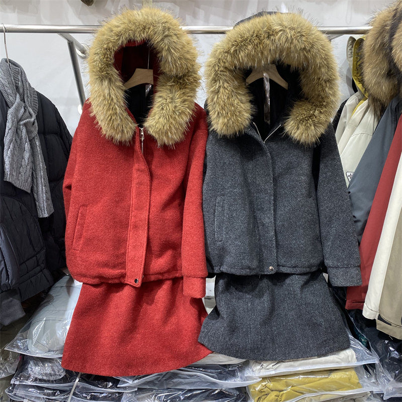 CB韩版毛领连帽羽绒服+短裙套装女冬季加厚宽松显瘦百搭两件套潮