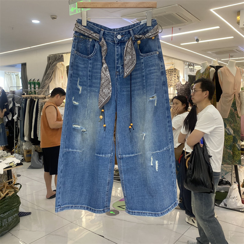 夏季女高腰破洞阔腿显瘦牛仔裤