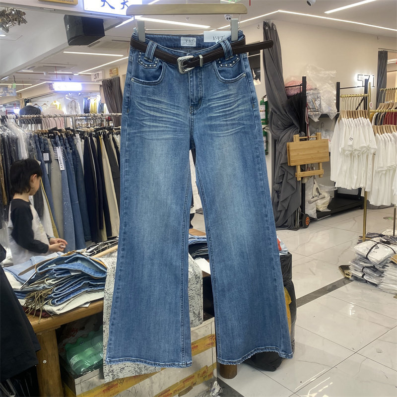 欧货6317春款高腰直筒微喇牛仔裤女显瘦垂感百搭长裤显腿细弹力潮