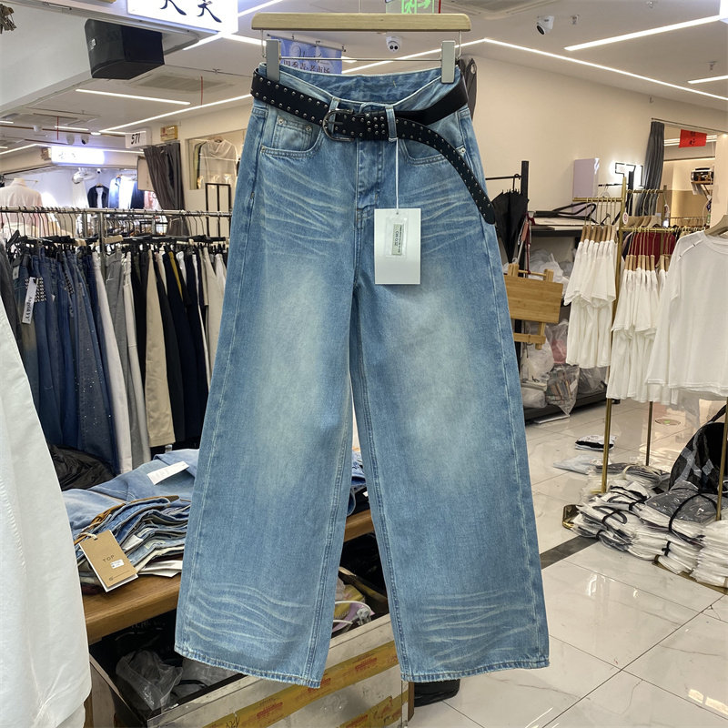 ZMJ8025春款复古高腰阔腿牛仔裤女九分裤直筒显瘦设计感浅蓝色裤