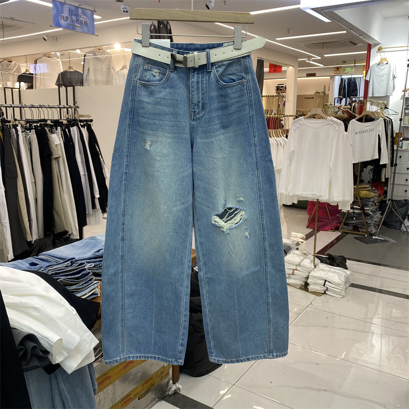 MI&CO36078春款高腰破洞阔腿牛仔裤女宽松显瘦直筒弯刀裤十分裤