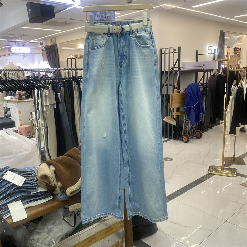 ZMJ8039春款复古高腰破洞牛仔阔腿裤女宽松显瘦百搭直筒毛边长裤