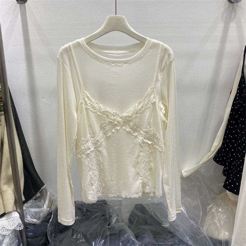 法式2026春款蕾丝拼接吊带背心长袖T恤女两件叠穿上衣设计感打底
