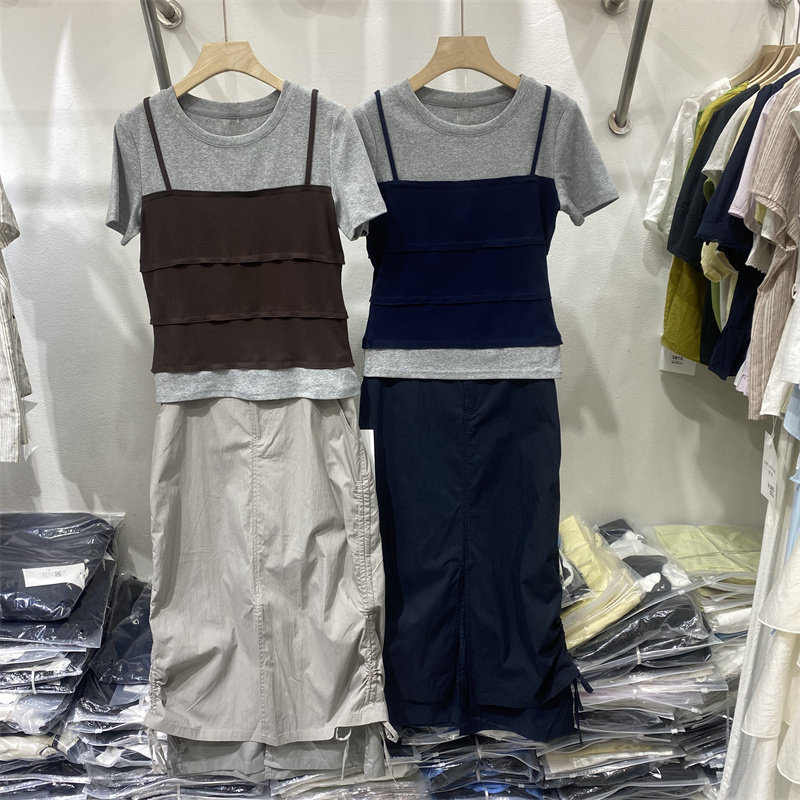 CB1888新款设计感假两件拼接短袖上衣半身裙两件套装女显瘦高级感
