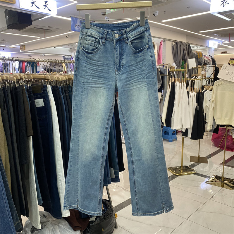 MI&CO36077春款高腰显瘦阔腿牛仔裤女蓝色直筒十分长裤百搭微喇裤