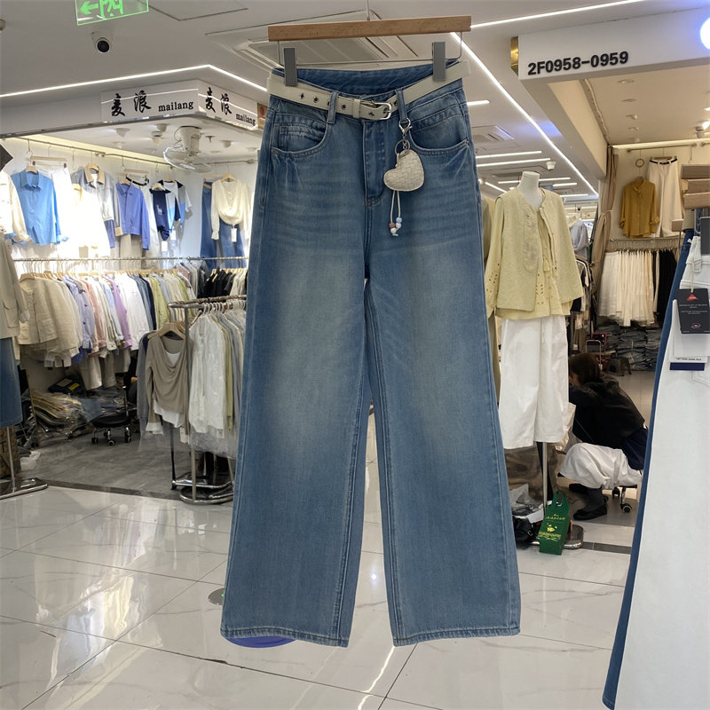 TOP82580春款高腰直筒微喇牛仔裤女显瘦垂感小个子休闲长裤蓝色