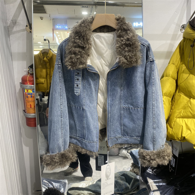 韩系拼接羊羔毛领牛仔羽绒短外套