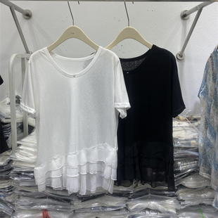 法式2026春夏款新款V领短袖T恤女蕾丝拼接荷叶边宽松减龄显瘦上衣