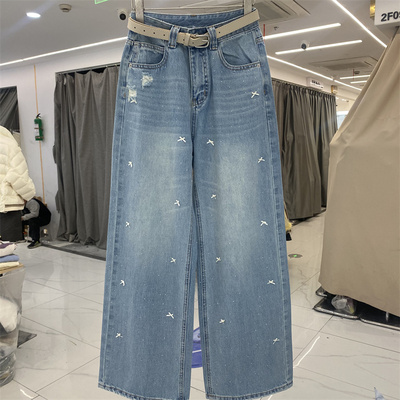满天星烫钻蝴蝶结阔腿牛仔裤女