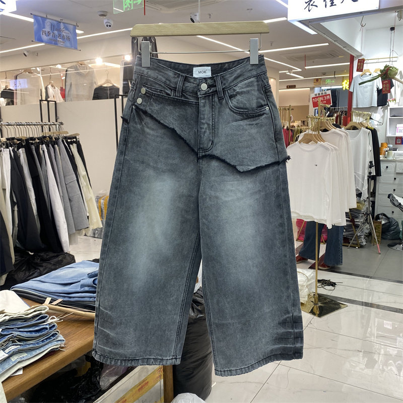 MOK88762春款街头休闲风假两件拼接牛仔八分裤女2026宽松阔腿裤
