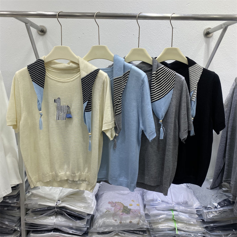 韩版2026春夏款宽松披肩设计短袖针织衫女百搭显瘦上衣针织小衫