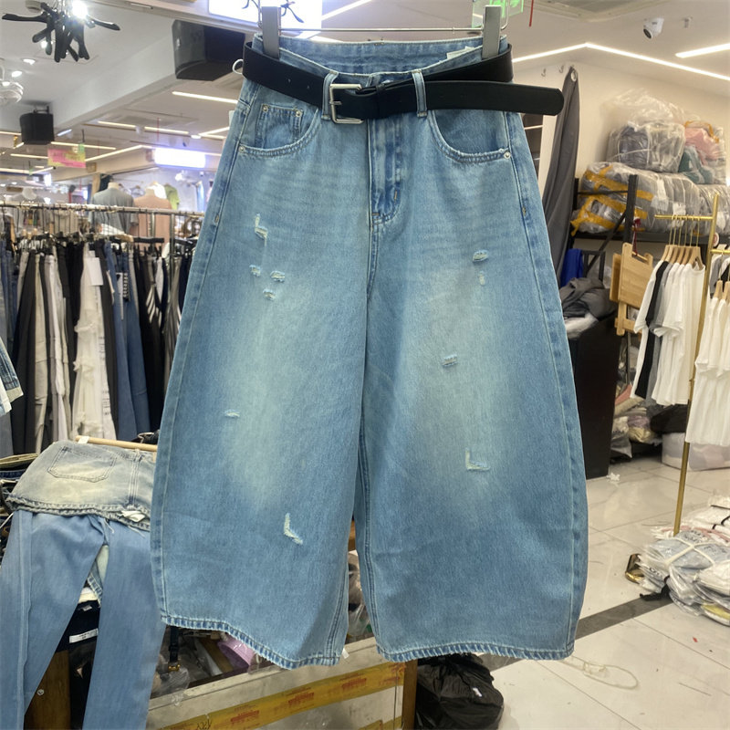 DMJ62297新款复古高腰宽松阔腿牛仔裤女夏破洞八分裤弯刀裤设计感