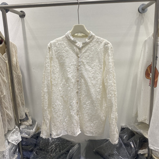 法式2026春款浪漫风白色蕾丝立领长袖衬衫女木耳边单排扣显瘦上衣