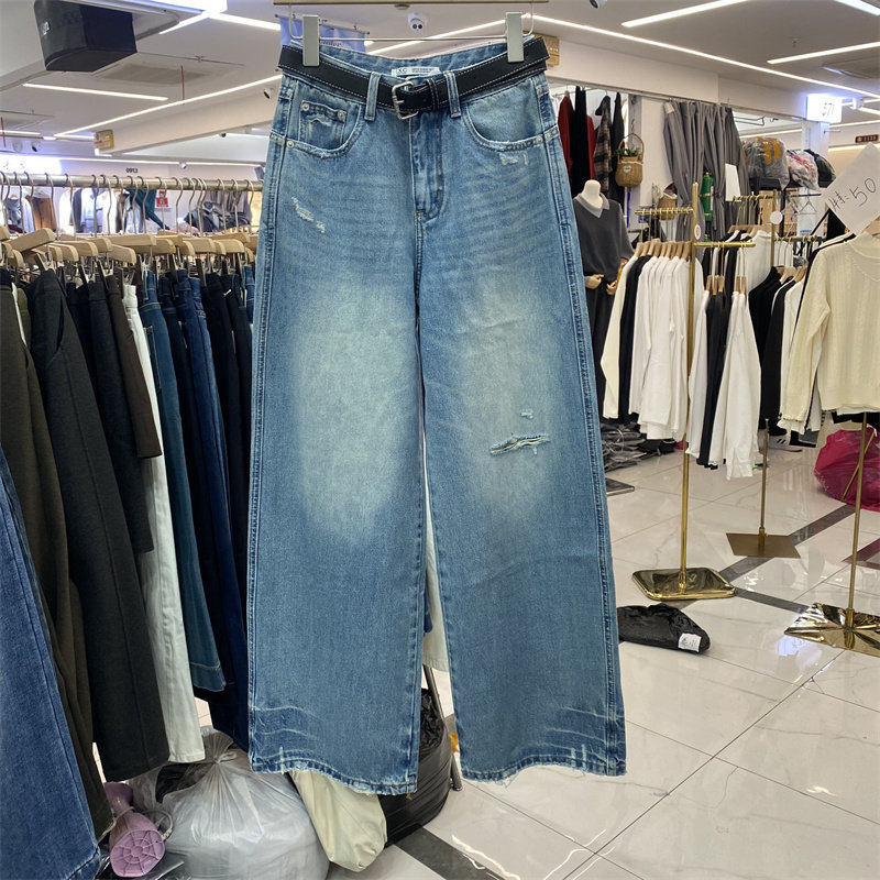 IXC6015春款高腰显瘦阔腿牛仔裤女2026新款宽松直筒长裤百搭割破